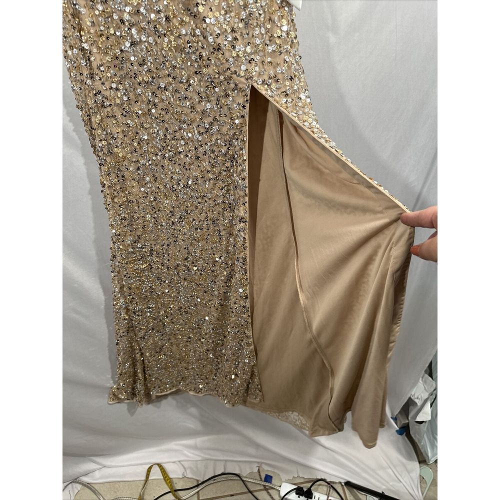 NEW $338 Mac‎ Duggal [ 0 ] Sequin One Shoulder Gown 10729  Nude Gold #S1145 - Picture 12 of 15